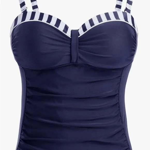 #356 Navy Blue 2 Piece Classy Striped Women's Swimsuit - Picture 3 of 10